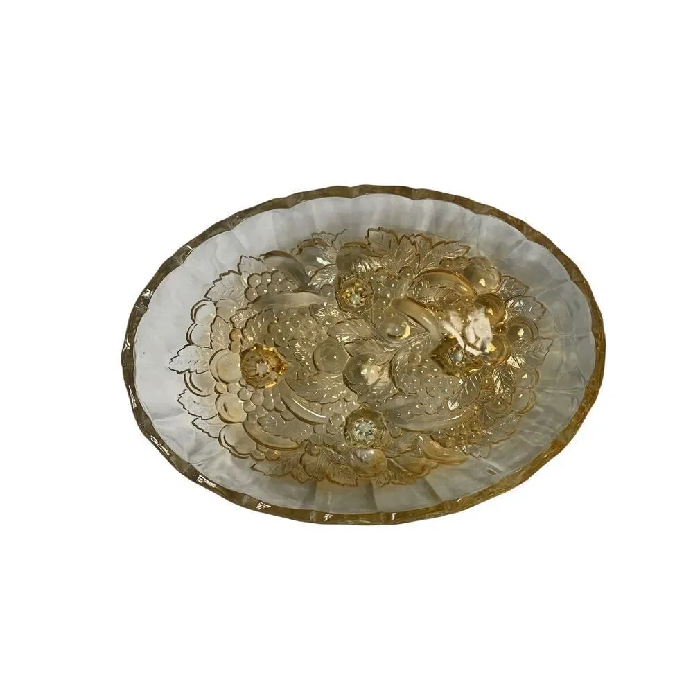 VTG RETRO MCM Large Footed Fruit Bowl Indiana Glass yellow Harvest DECOR ART